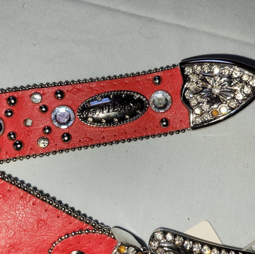 Elegant Red Leather Embellished Women's Belt Size Medium Large